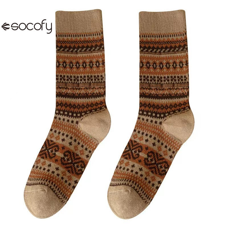 Socofy Vicconfy Mid-calf Socks Vintage Ethnic Striped Cotton Socks