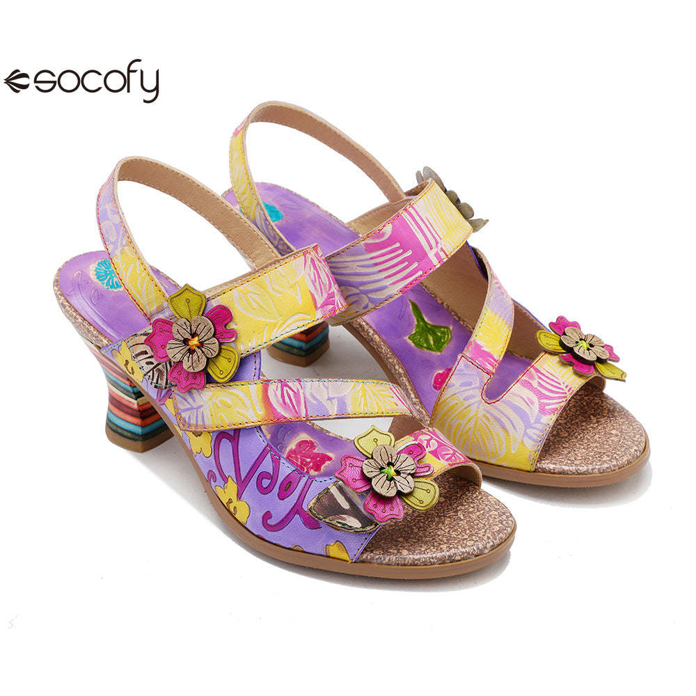 Socofy new summer style genuine leather retro three-dimensional flower rainbow and wine glass sandals for women