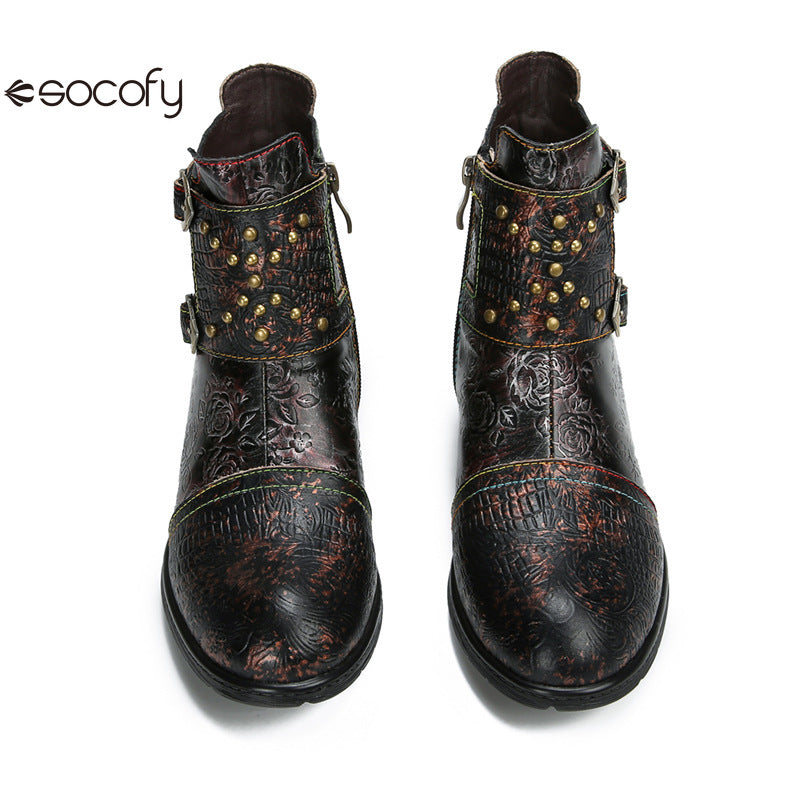 Socofy Vicconfy Genuine Leather Ethnic Vintage Rivet Belt Buckle Boots