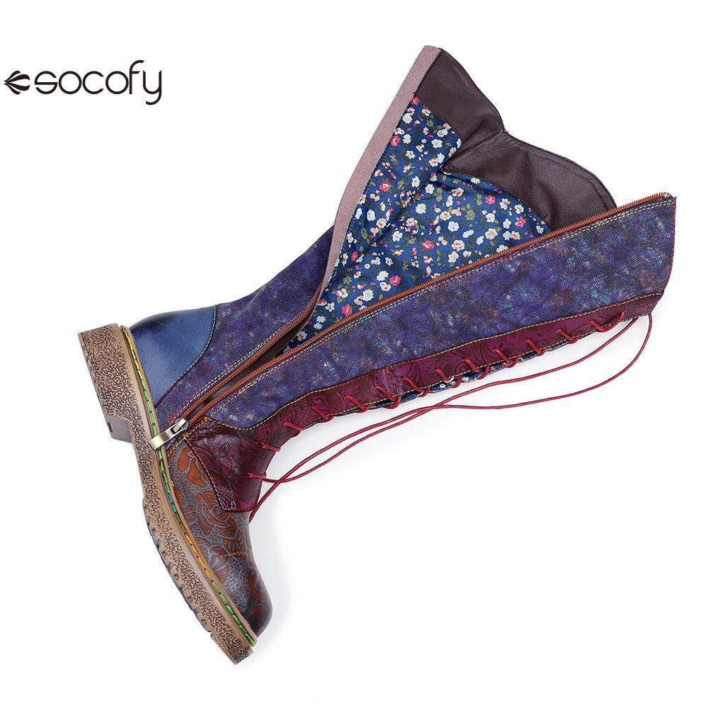 Socofy Vicconfy Locomotive Texture Dark Flower Women's Boots Flat Women's Boots