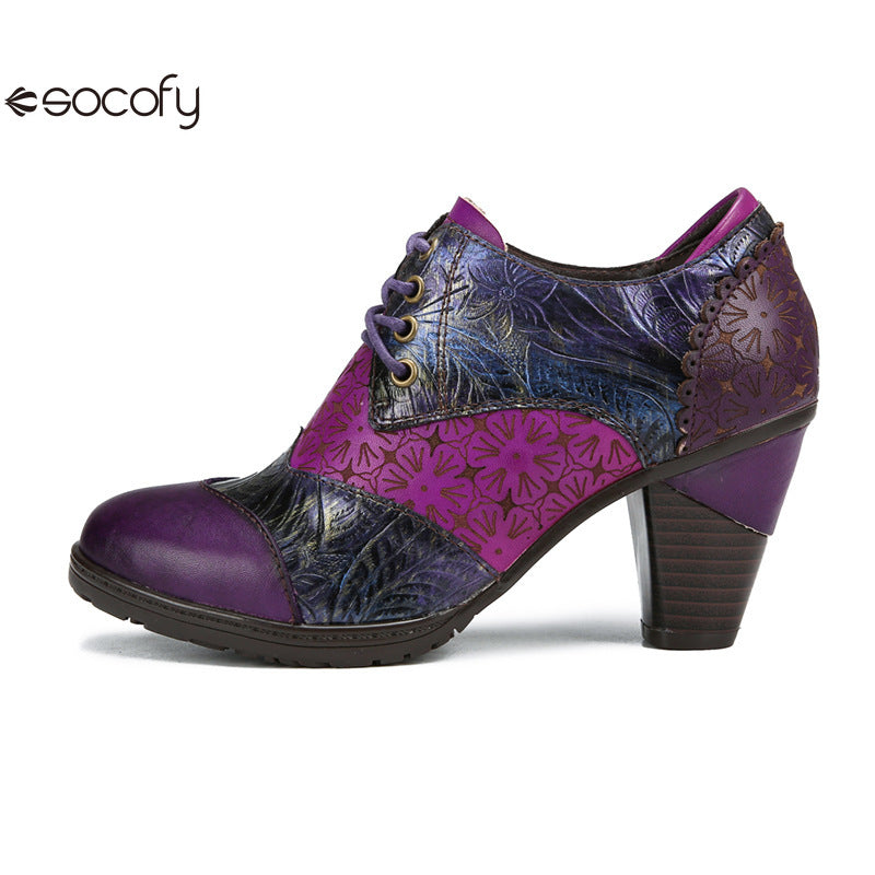 Socofy Genuine leather three-dimensional flower high heel pump