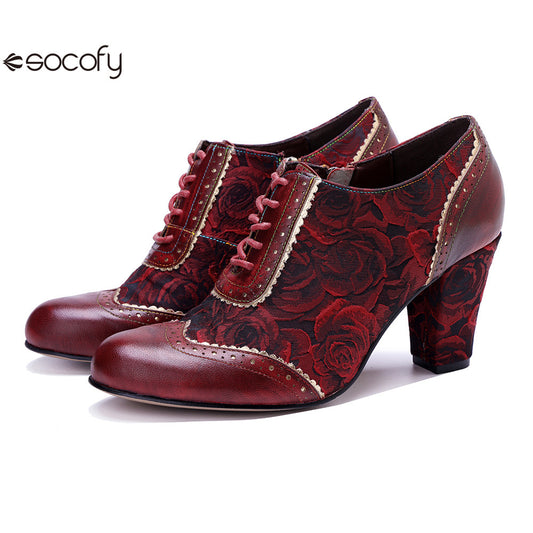 Socofy Genuine Leather Women's Leather Rivets Vintage French Court Style Elegant High Heels 1000