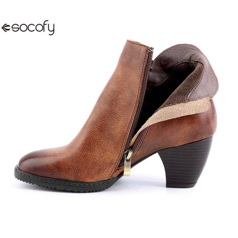 Socofy Genuine Leather Handmade Square Toe Vintage Handmade Flower Boots Woman