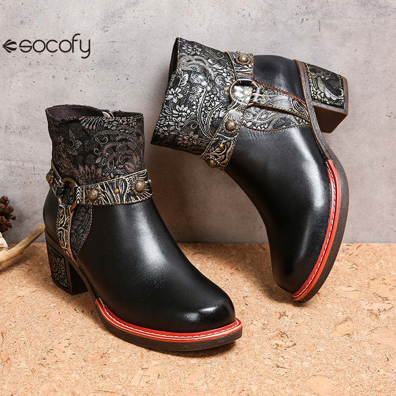 Socofy Vicconfy Ethnic Women's Leather Boots Side Zipper Fashion Boots