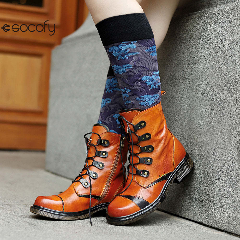 Socofy Vicconfy Leather Handmade Color Clash Retro Fashion Martin Boots Women's Boots