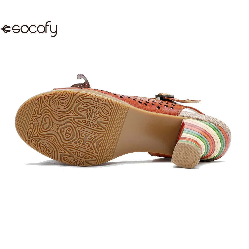 Socofy Summer New Genuine Leather Hand-painted Retro Hollow-out Flower High Heeled Sandals