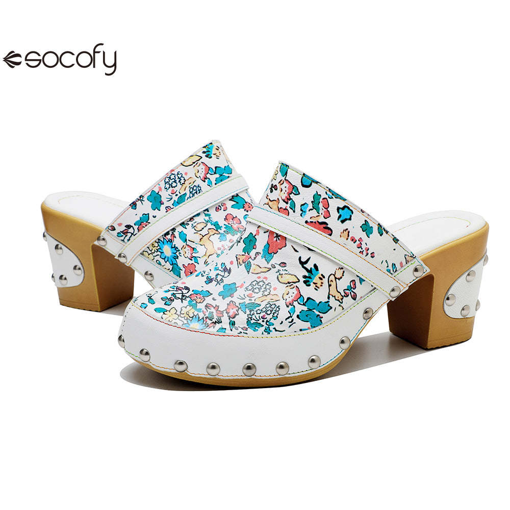 Socofy Handmade Leather Crushed Flower Rustic Casual Fashion Comfortable High Heeled Sandals