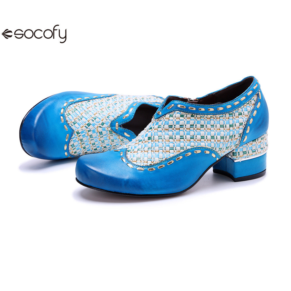 Socofy Genuine Leather Vintage Boho Woven Side Zipper Pumps