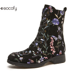 Socofy Autumn and winter warm and wear-resistant mid-calf round-toe cowhide leather fashion boots