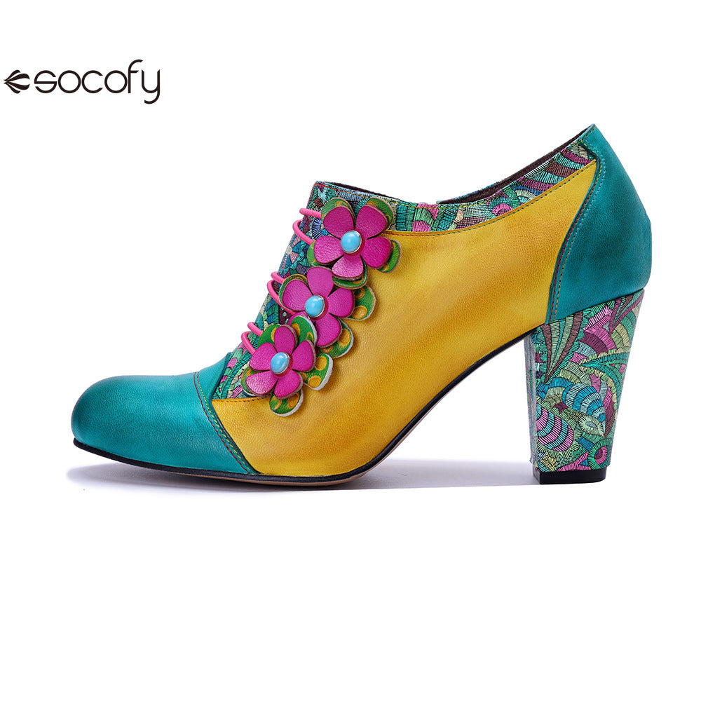 Socofy Leather Genuine Leather Vintage Floral Chunky Heeled Pumps