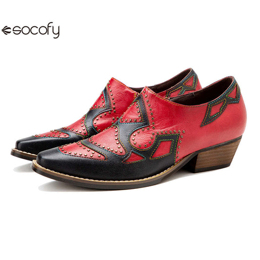 Socofy Genuine Leather Retro Round Rivet Deco Shallow Flat Shoes 1000