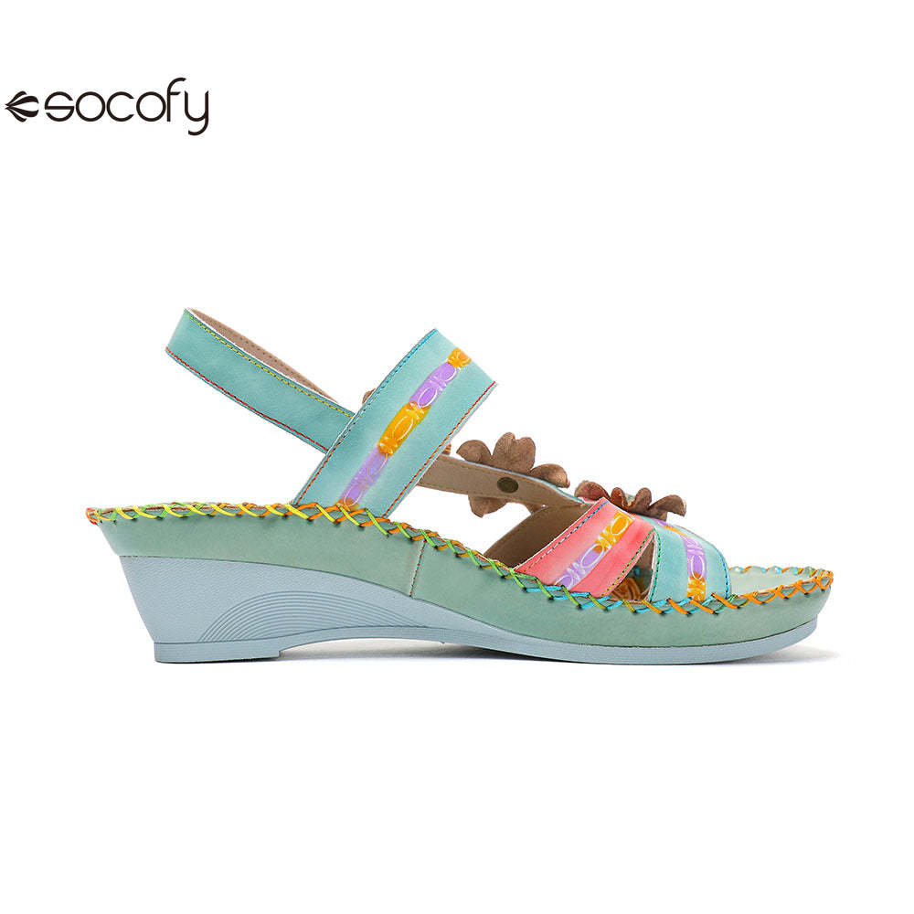 Socofy Vicconfy Genunie Leather Floral Handmade Women's Sandals