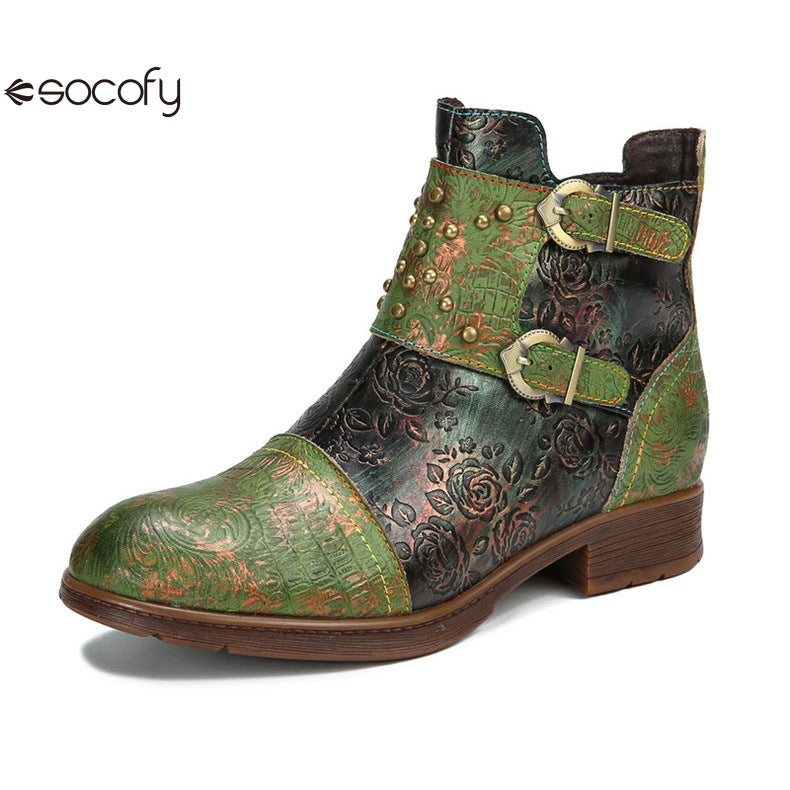 Socofy Vicconfy Genuine Leather Ethnic Vintage Rivet Belt Buckle Boots