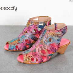 Socofy Colour Retro Genuine Leather Handmade Fashion Concise Ladies Hollow Mid-heeled Sandals