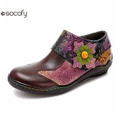 Socofy Vicconfy Ethnic Flower Leather Handmade Flat Shoes Low Heeled Single Shoes