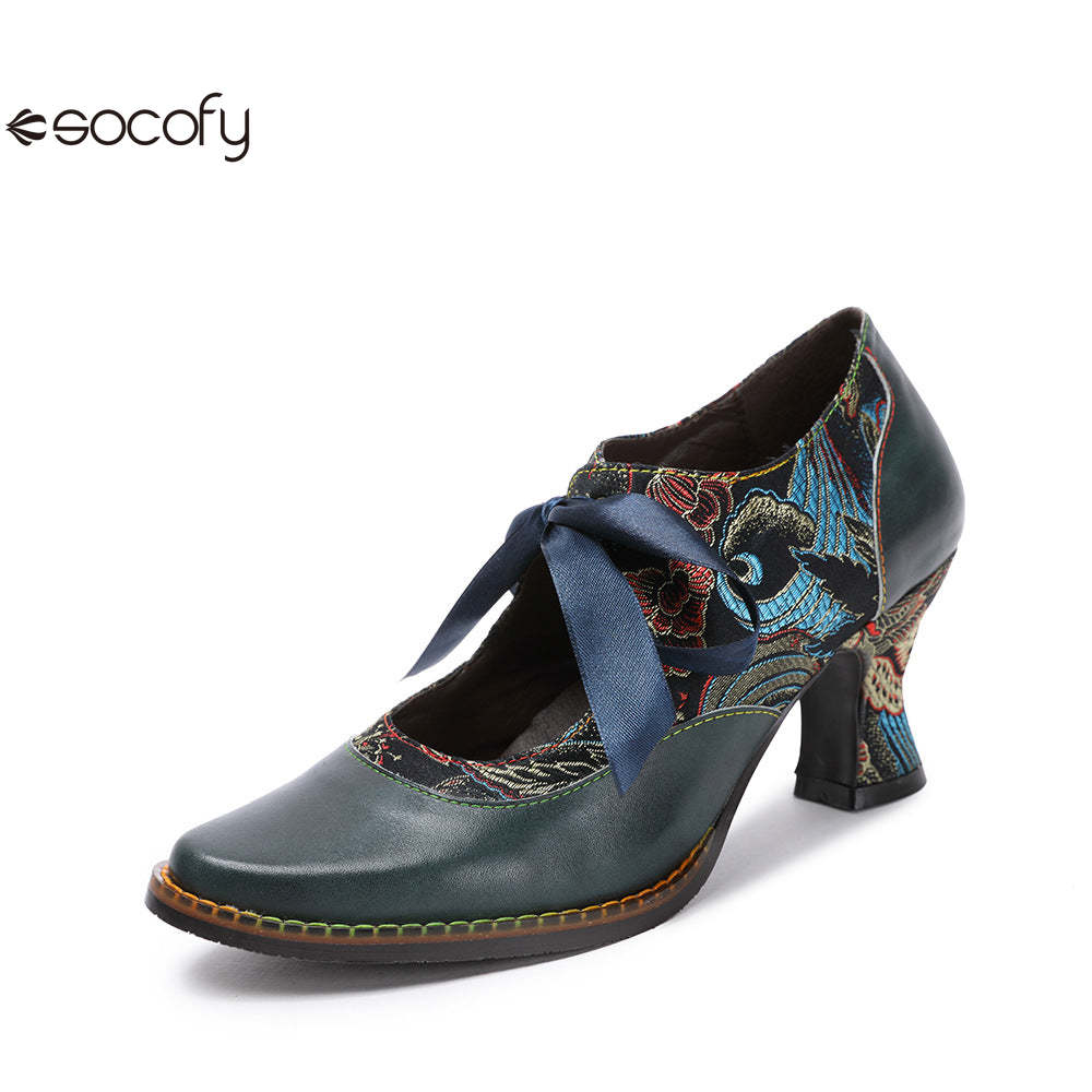 Socofy Summer flower blue ethnic style high-heeled ribbon lace-up women's shoes