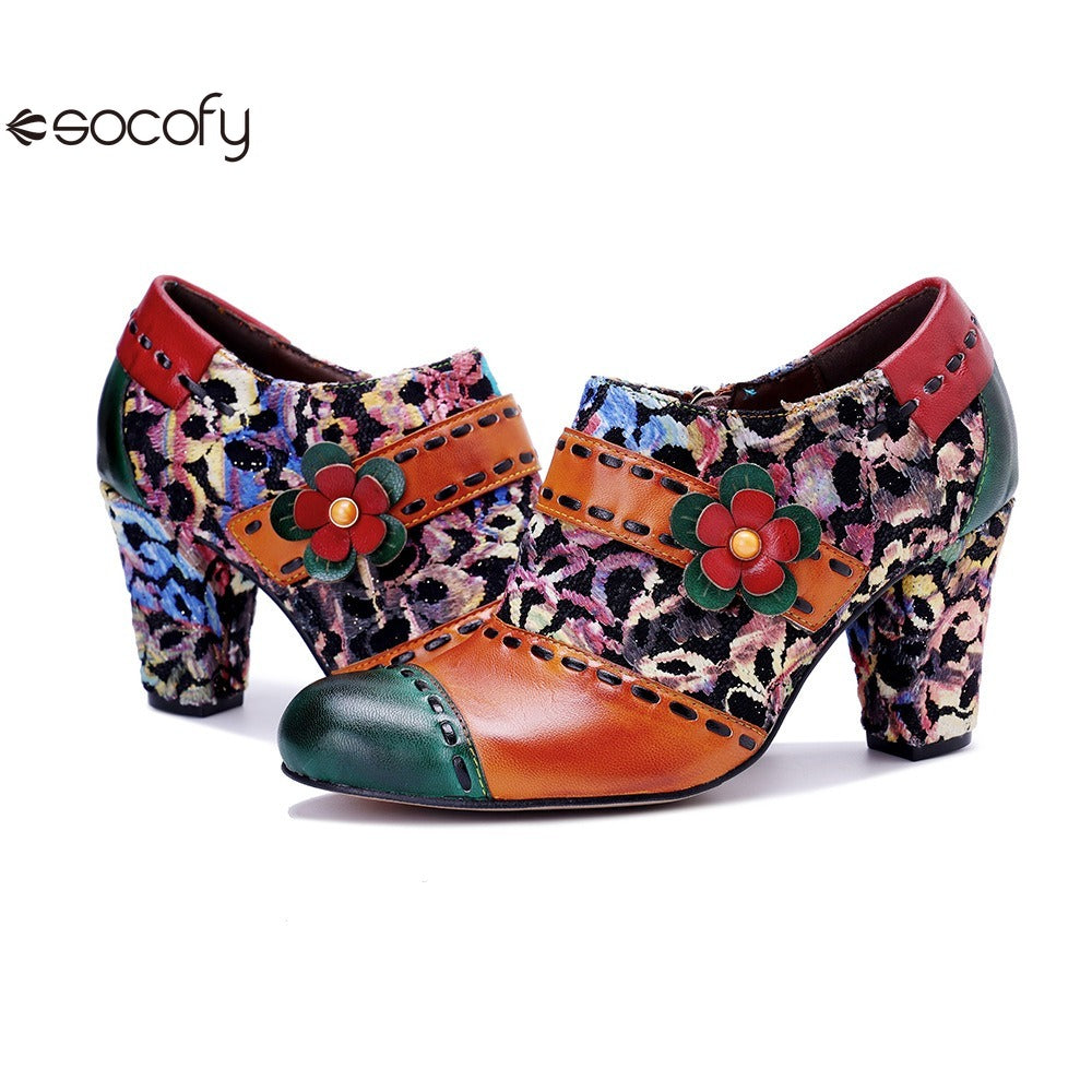 Socofy Genuine Leather Vintage Floral Chunky Heeled Women Pumps