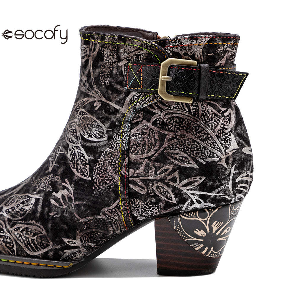 Socofy Autumn and Winter Retro Metal Reflective Colour Elegant Chunky Heel Women's Boots