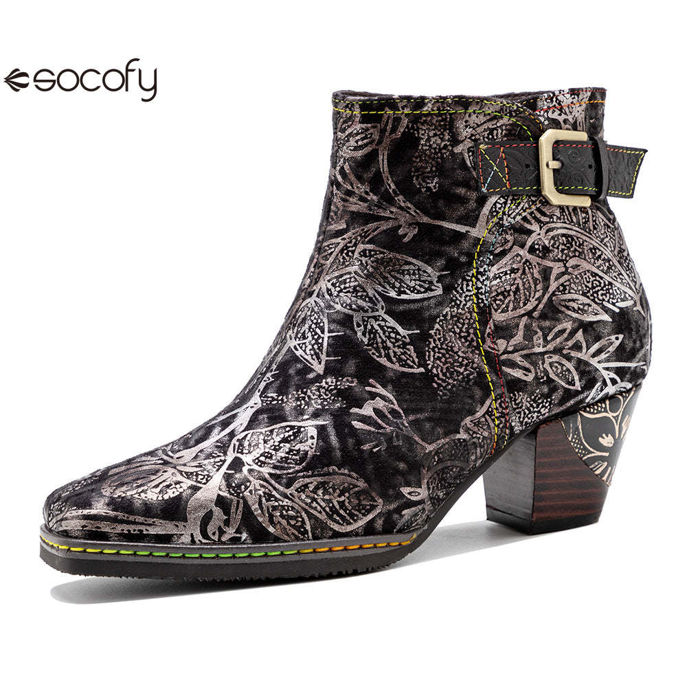 Socofy Autumn and Winter Retro Metal Reflective Colour Elegant Chunky Heel Women's Boots