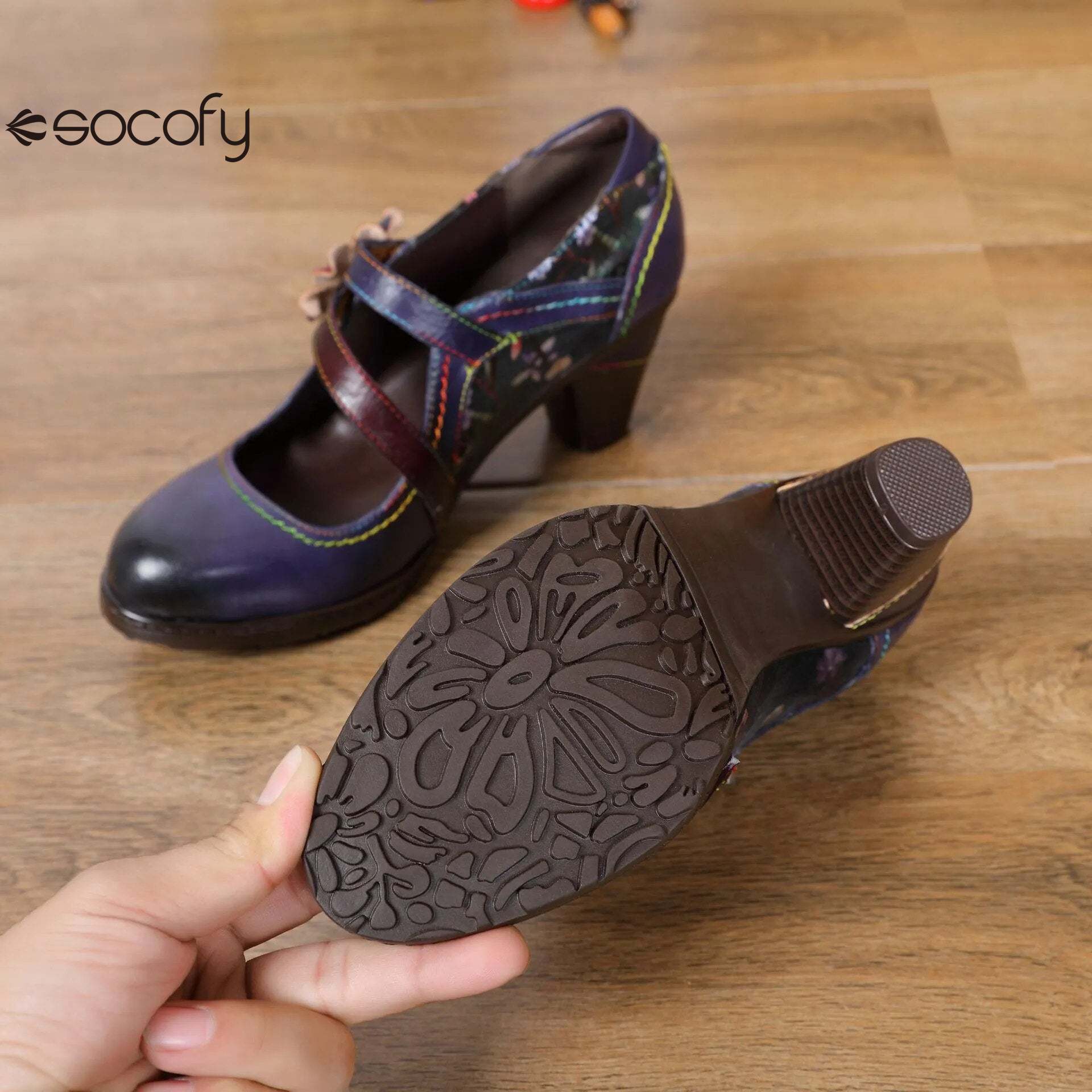 Socofy Vicconfy Colorful Stitching Painted Flower Spring Hook Loop Genuine Leather Spike Heels Round Toe Women Pumps