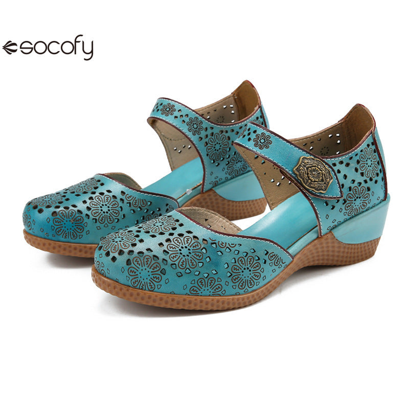 Socofy Genuine leather romantic three-dimensional flowers hollowed out sandals