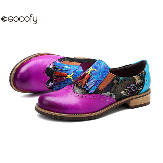 Socofy retro tassel Deco leather women's flat shoes 1000