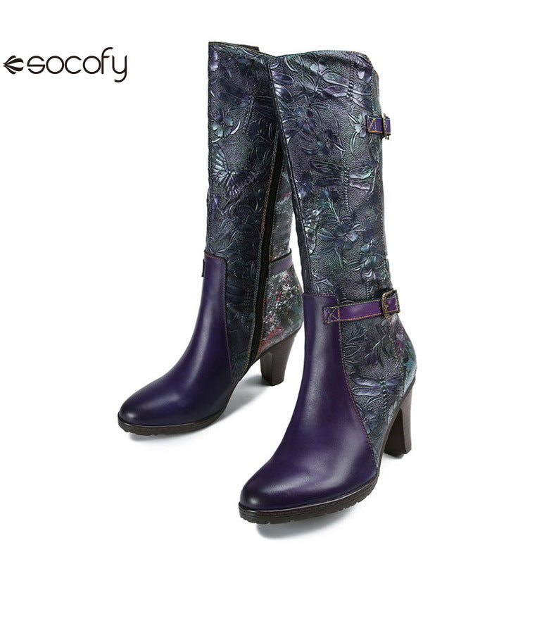 Socofy Vicconfy Genuine Leather Printed Belt Buckle Ethnic Long Boots