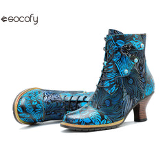 Socofy Autumn and Winter Printed Retro Lace-up Short Heel Women's Boots