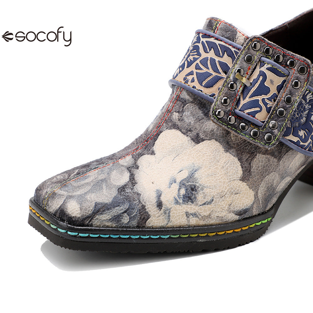 Socofy  Vicconfy Genuine Leather Vintage Style Water Print High Heeled Single Shoes