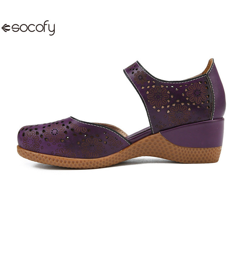 Socofy Genuine leather romantic three-dimensional flowers hollowed out sandals