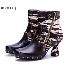 Socofy Vicconfy Retro Handmade Zebra Pattern Buckle Ankle Boots