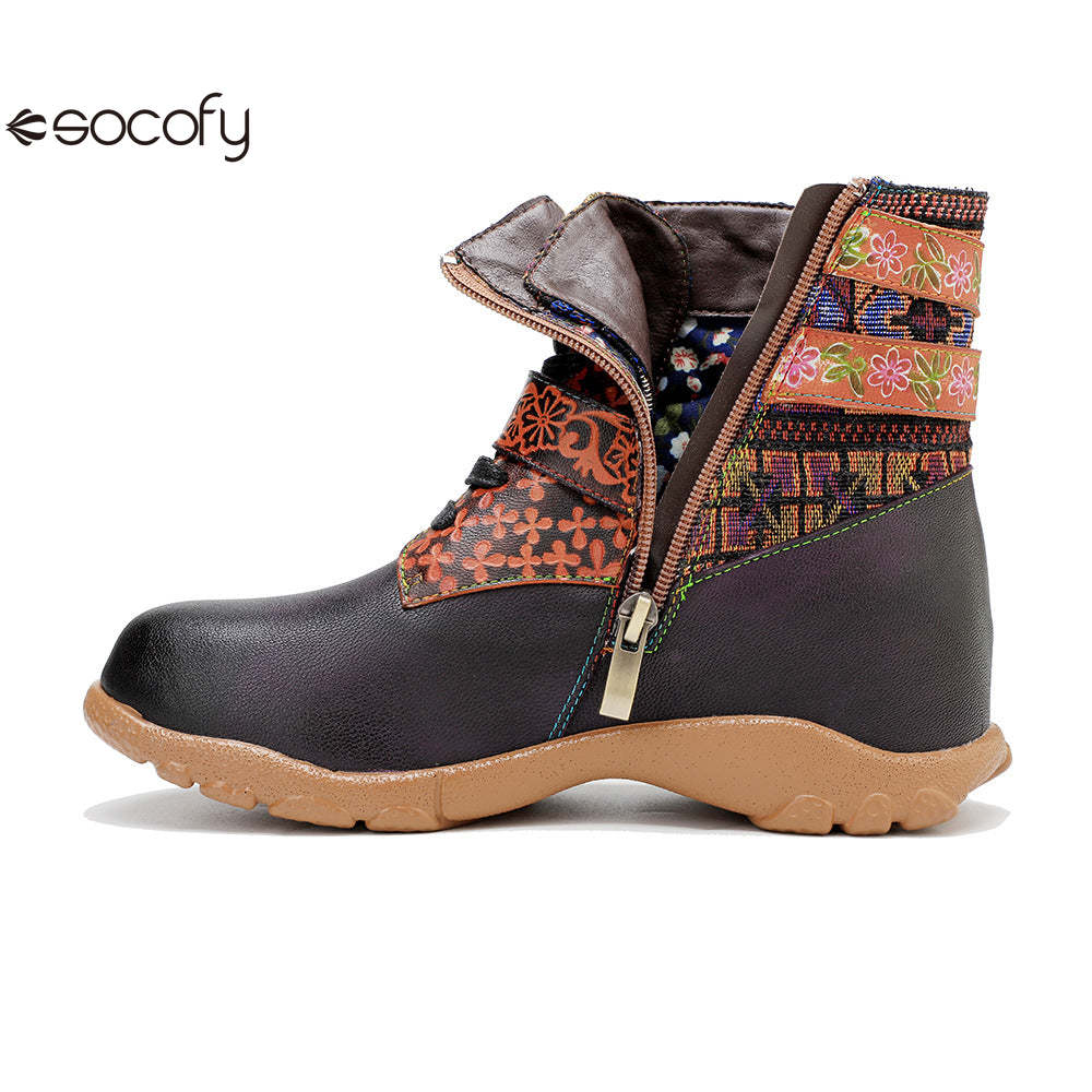 Socofy Vicconfy Leather Handmade Color Rubbed Printed Belt Buckle Flat Women's Boots