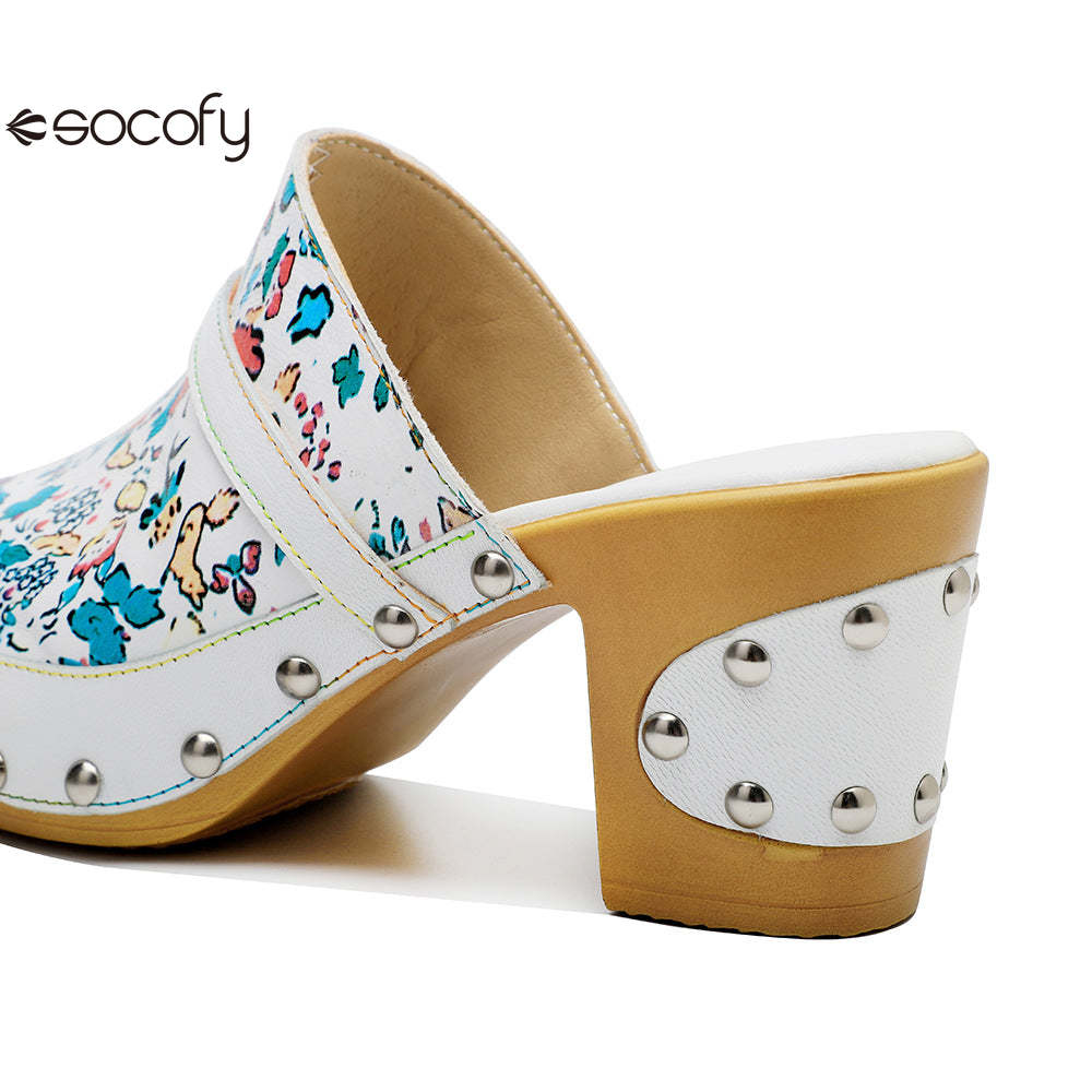 Socofy Handmade Leather Crushed Flower Rustic Casual Fashion Comfortable High Heeled Sandals