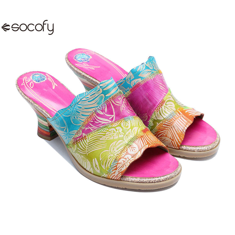 Socofy Summer Leather Vintage Colour Block High Heeled Sandals