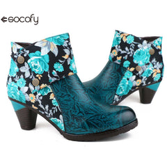 Socofy Autumn ethnic style cowhide thickened mid-calf round toe fashion boots for women