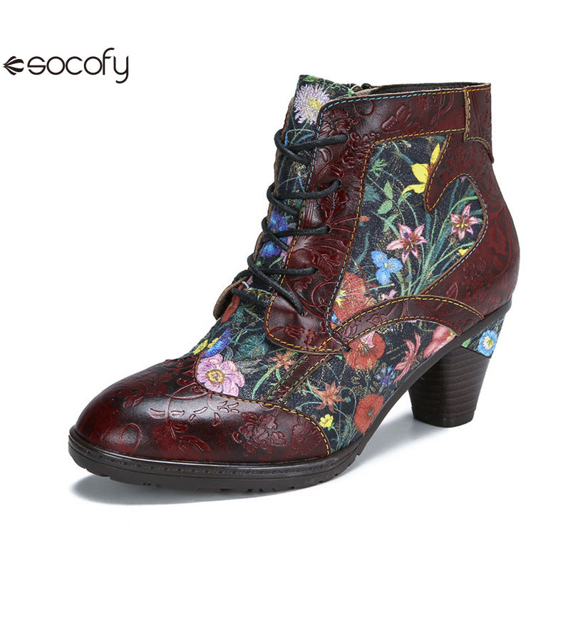 Socofy Vicconfy Vintage Floral Cowhide Ethnic Women's Leather Boots