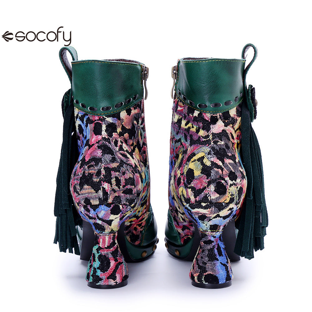 Socofy Vicconfy Retro Handmade Side Fringe Ankle Boots