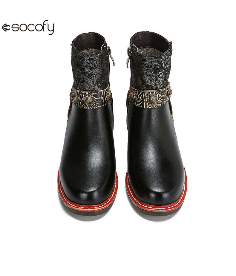 Socofy Vicconfy Ethnic Women's Leather Boots Side Zipper Fashion Boots