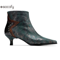 Socofy French Retro Metallic Dark Studded Studded Wrap Heel Design Slim Heel Women's Boots