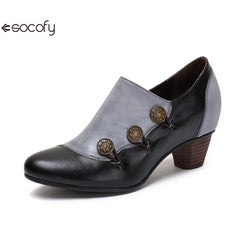 Socofy Vicconfy Genuine Leather Ethnic Style Handmade Vintage Literary Buckle Heels