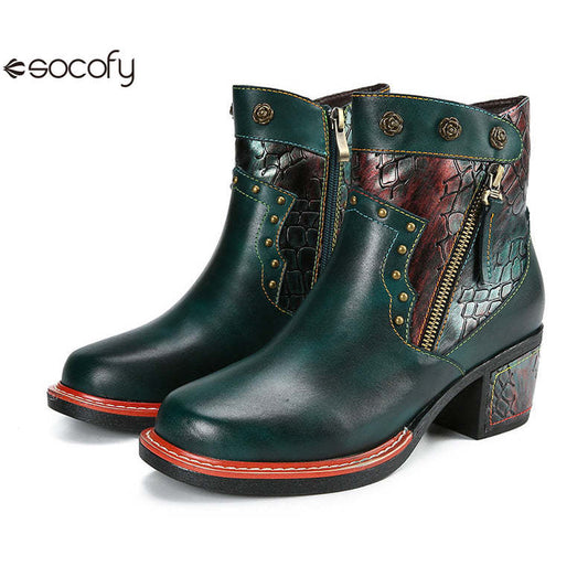 Socofy Vicconfy Women's Martin Boots Leather Patchwork Ethnic Vintage Short Boots 790