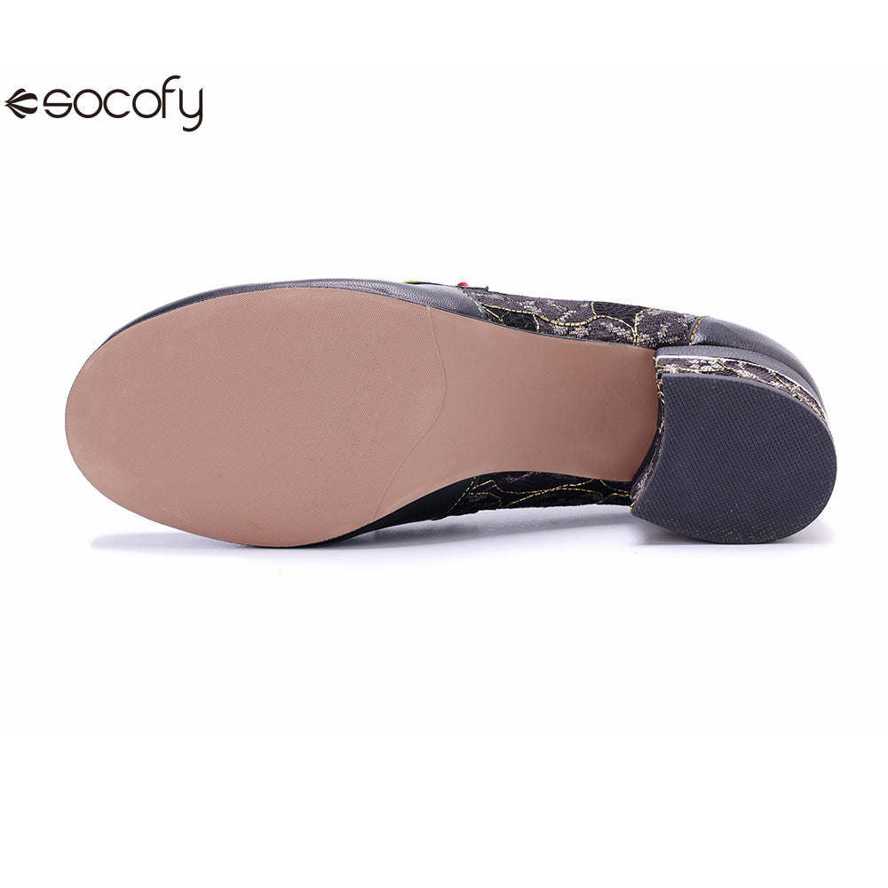 Socofy Leather Patchwork Comfortable Chunky Heeled Loafers Shoes