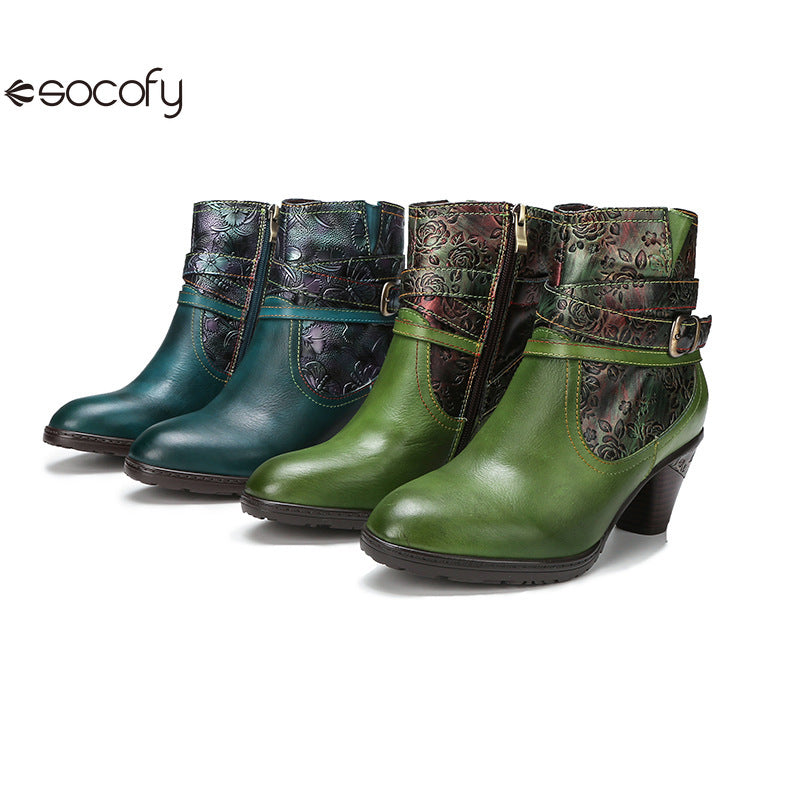 Socofy Vicconfy Genuine Leather Embossed Buckle Vintage Ankle Boots