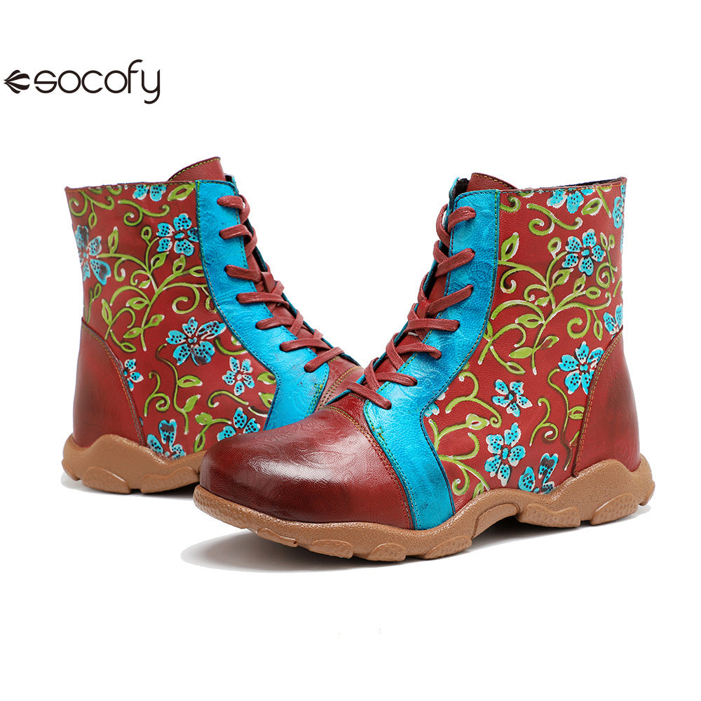 Socofy Vicconfy Handmade Leather Print Ankle Boots