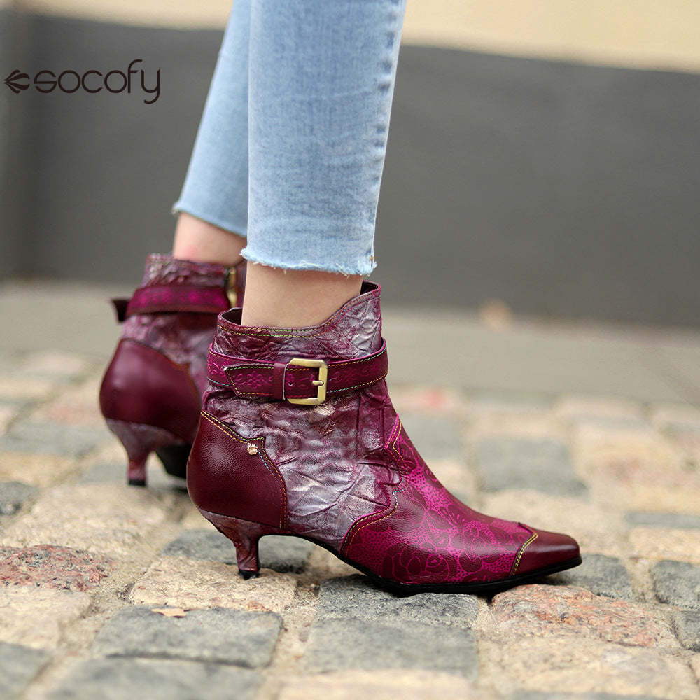 Socofy Leather Printed Patchwork Belt Buckle Slim Heel Women's Boots