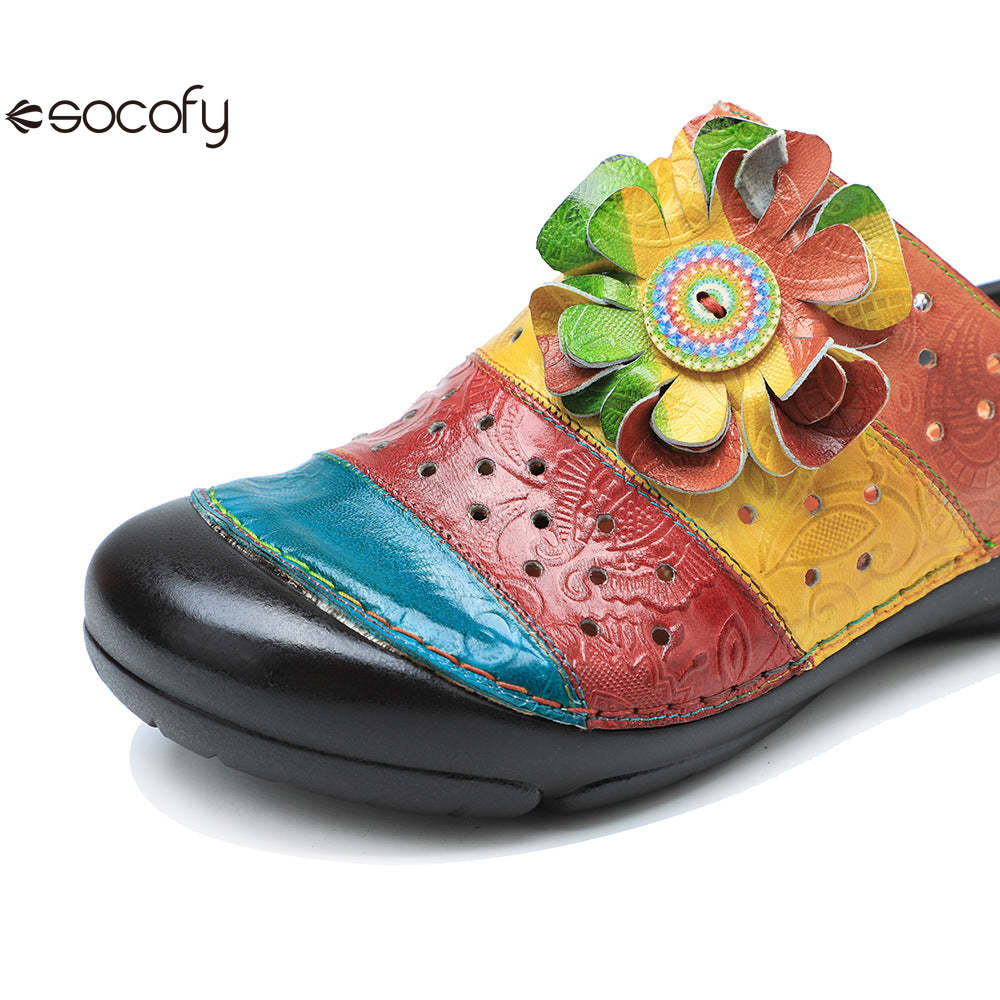 Socofy genuine leather handmade hollow three-dimensional flower comfortable flat slippers