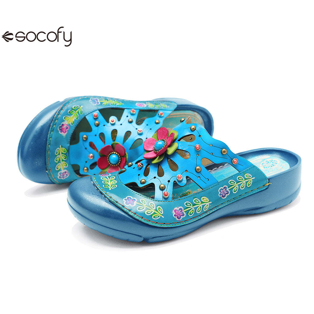 Socofy Genuine leather hand-rubbed vintage casual three-dimensional flower hollow comfortable shoes