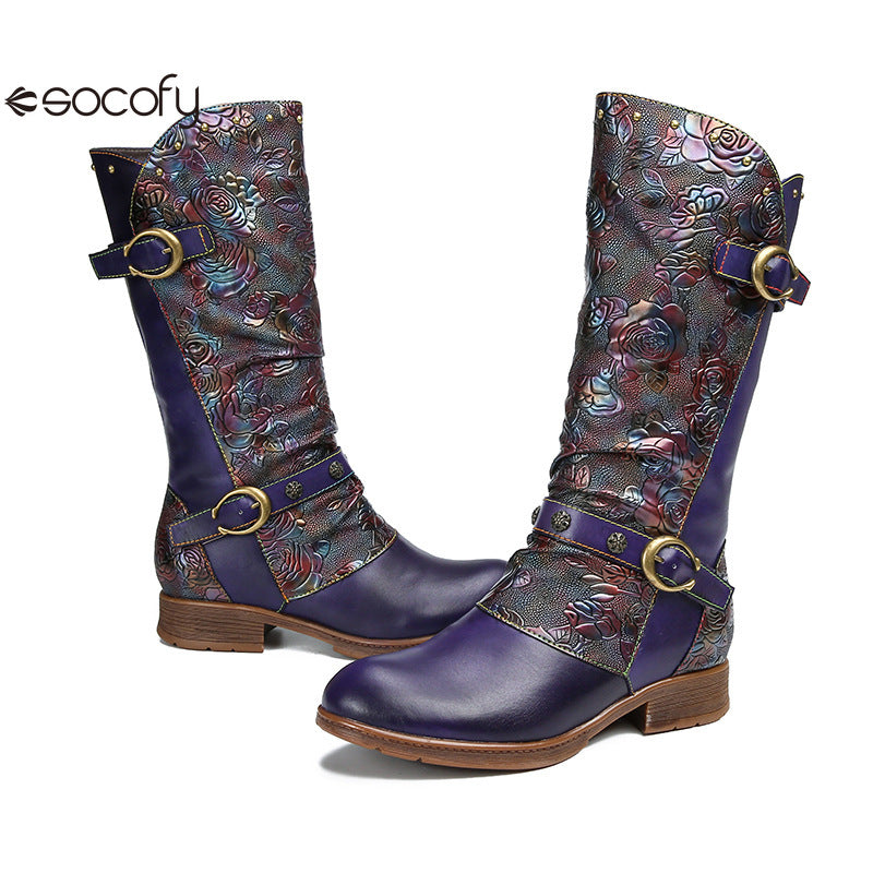 Socofy Vicconfy Side Zipper Vintage Floral Flat Heel Long Boots