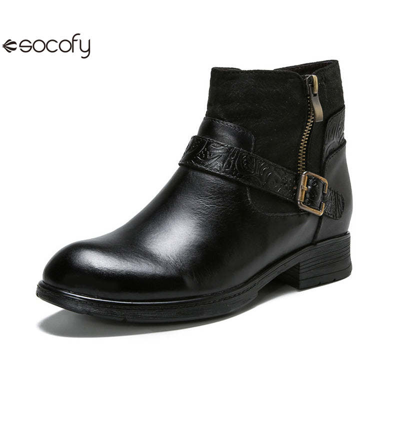 Socofy Vicconfy Women's Round Toe Cowhide Ethnic Leather Boots Fashion Boots