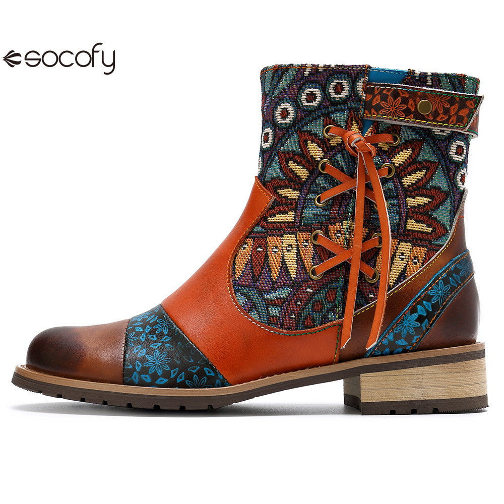 Socofy Vicconfy Genuine Leather Fringe Vintage Boots Flat Boots